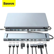 Baseus-concentrador de red USB C para Macbook Pro Air USB-C, HUB tipo C a 4KHD VGA RJ45, multipuertos USB 3,0, USBC, con adaptador de corriente PD