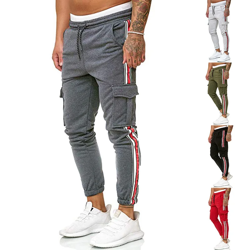 

2019 Autumn And Winter New Style Men Drawstring Knee Pocket Design Stripes Gymnastic Pants K49