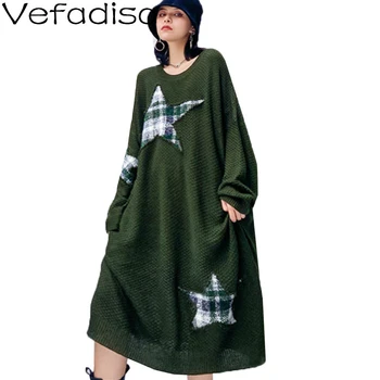 

Vefadisa Women Sweater Dress 2020 Autumn Large Size Patch Sweater Knitting Hedging Mid-length Fashion Round Neck Sweater LHX239