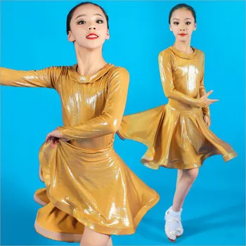 

Kid Gold Elegant Pleated Modern Salsa Latin Ballroom Dance Dresses Girl Dance Clothes Dancing Competition Costume Wear Outfits