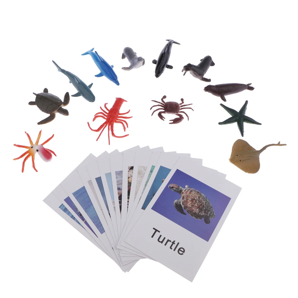 Montessori Animal Match - Miniature Ocean Animal Toy Figurines with Matching Cards - Kids Language Materials Busy Bag Activity