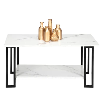 

Artisasset 2 Layers 1.5cm Thick MDF Imitation Marble Rectangle Tabletop Iron Coffee Table End Table White