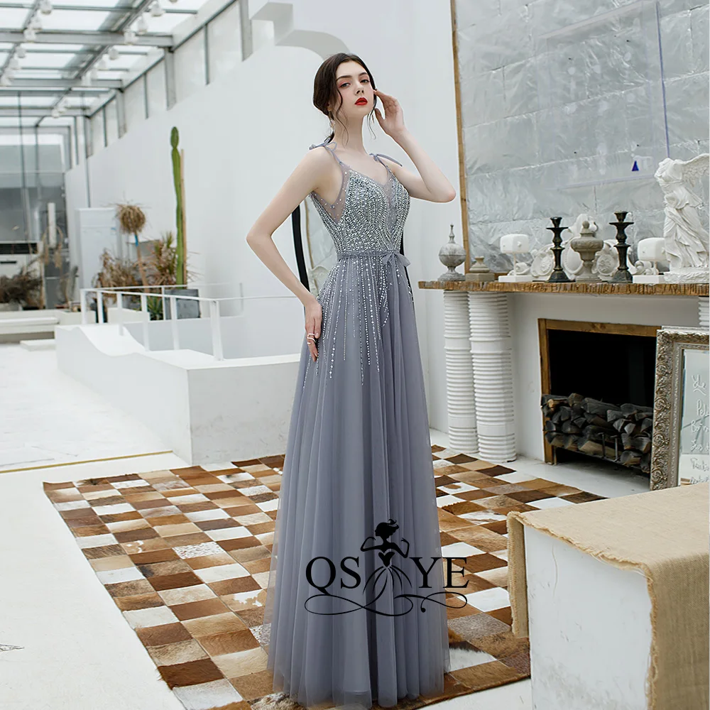 QSYYE ever pretty длинные платья для выпускного вечера тюль v-образным вырезом vestidos largos украшенное бисером с длиной до пола вечернее платье вечерние платья