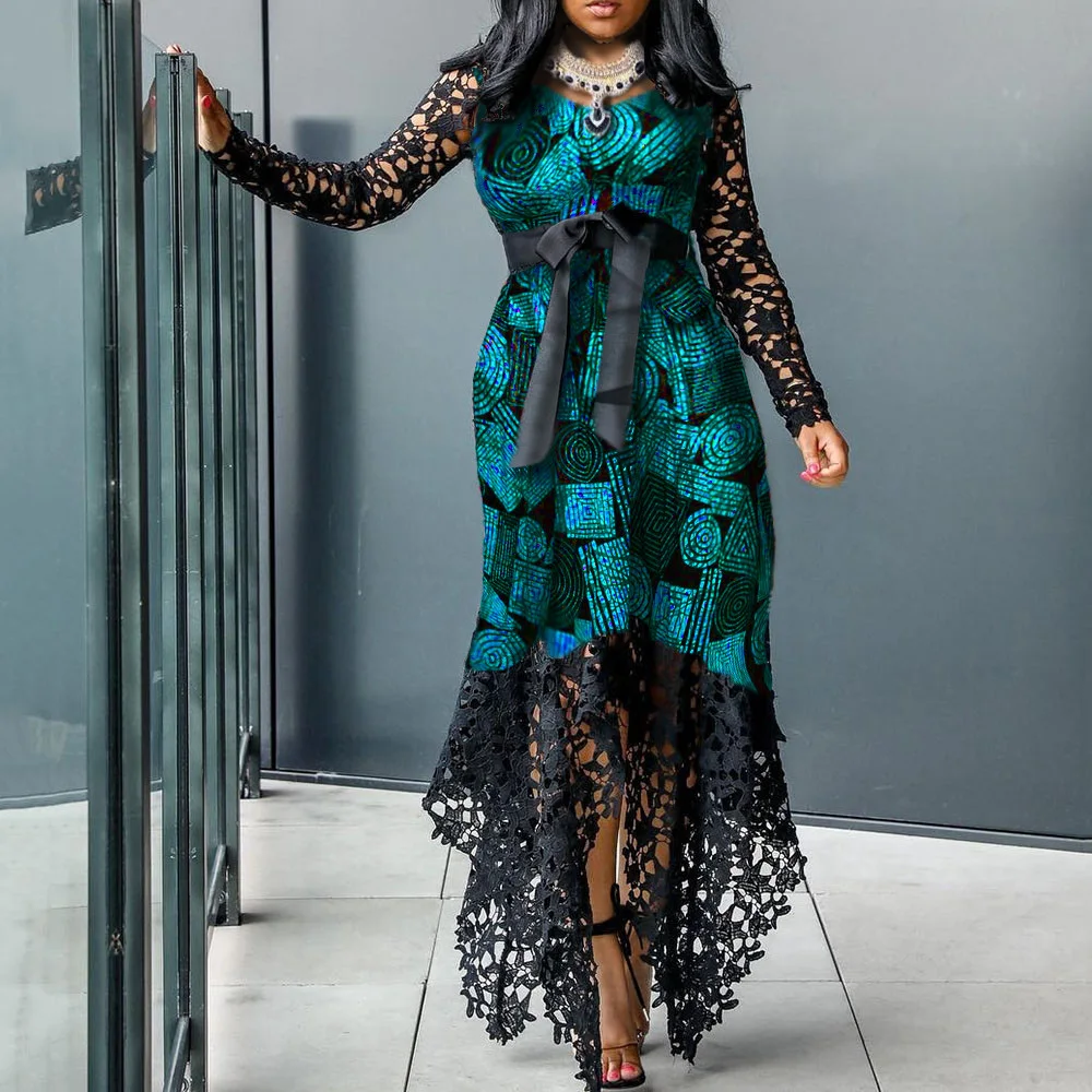 

African Fashion Plus Size 3XL Lace Evening Dress Fall Long Sleeve Tunic Bowknot Bodycon Women Sexy Long Party Dress Maxi