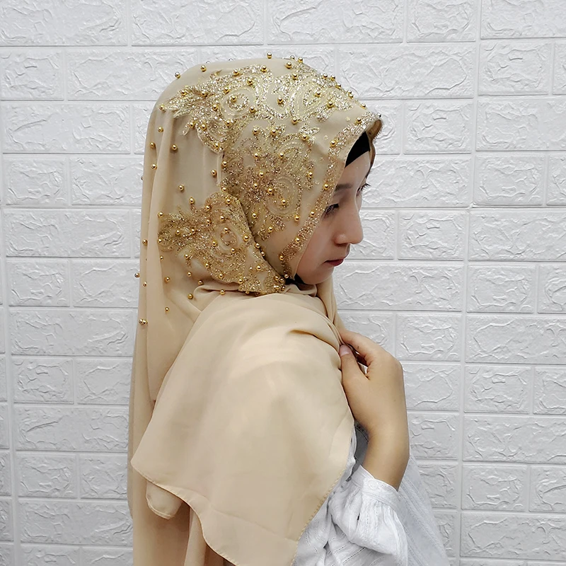 Khaki wholesale price hijabs Muslim Islamic Scarf Scarves for Woman Long Underscarf Hijab Solid Color with Bead Prayer Turbante - Цвет: Khaki