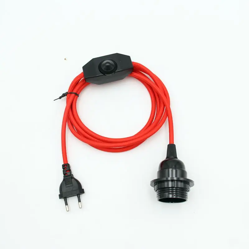 AC 220V EU Plug Power Cords Textile Covered Cable With Dimmer Switch E27 Threaded Bulb Lamp Holder Ring For Hanging Light
