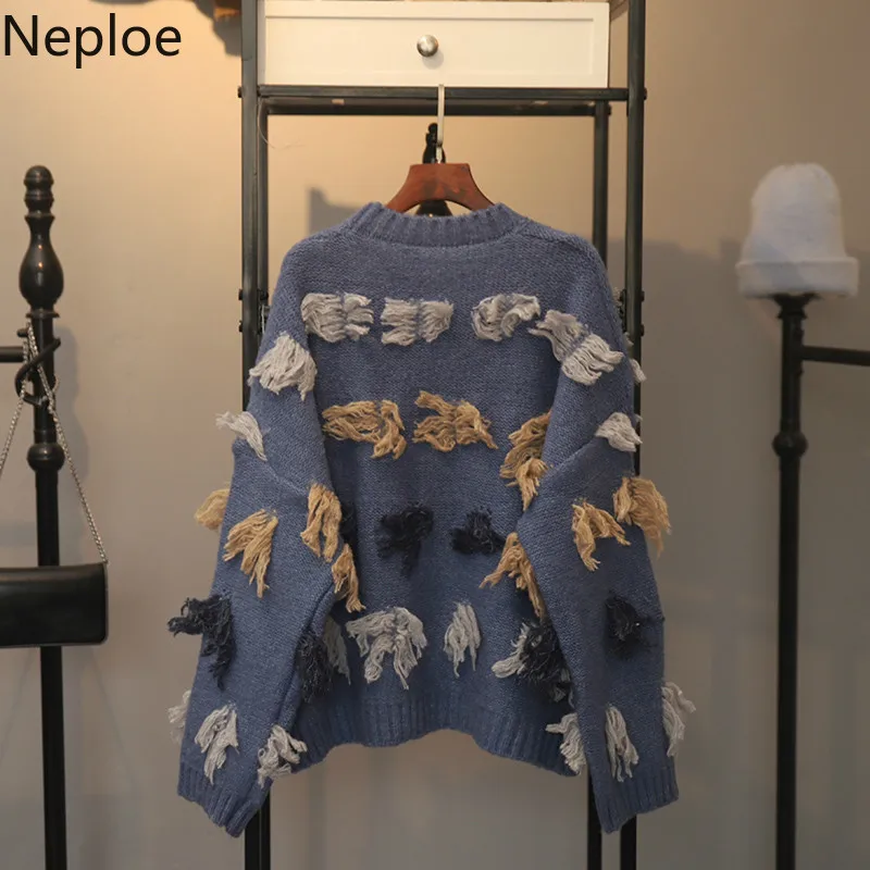 Neploe пуловер с круглым вырезом, крючком, цветами и кисточками, свитер, Осень-зима, Лоскутная Женская Повседневная Свободная кофта 47358