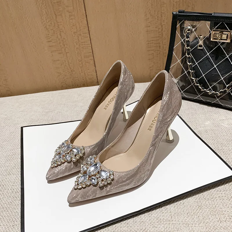 2023 New Women's Shoes Sandal Heels Women Pointed Sexy bride shoes Women's High Heels Female Gold Silver Rhinestone Wedding Shoe