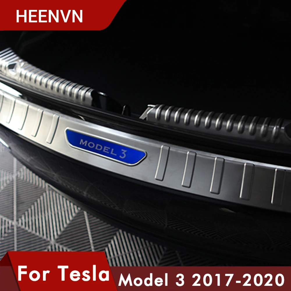 Heenvn Model3 Car Rear Boot Trunk Bumper Protector For Tesla Model 3 Trunk Accessories Guard Sill Inner Outer Cover Carbon Fibre