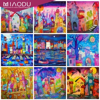 

Miaodu 5D DIY Diamond Painting Abstract House Handicraft Rhinestone Kit Sale Diamond Embroidery Town Landscape Home Decoration
