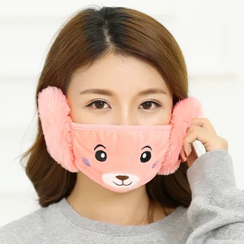 

Face Mask Women's Cartoon Bear Plush Warm Ear Protection Face Mask Adult Winter with Earmuffs Face Mask 2 Pieces mouth Masks