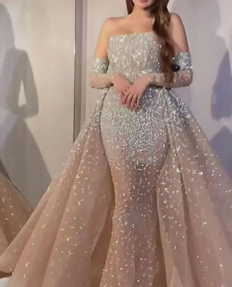 

2021 new Strapless fluffy women's evening dress Sexy Sequin sleeveless women's evening dress bridesmaid dress