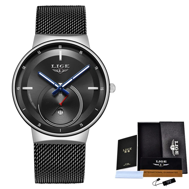LIGE, новинка, роскошные Брендовые мужские деловые часы, водонепроницаемые кварцевые аналоговые наручные часы с сетчатым ремешком, мужские часы, мужские часы+ коробка - Цвет: Black silver