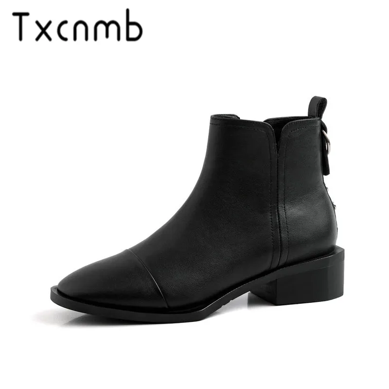 

TXCNMB Women Genuine Leather Boots Women Ankle Boots Fashion Chelsea Low Heels Ladies Booties Autumn Shoes Woman