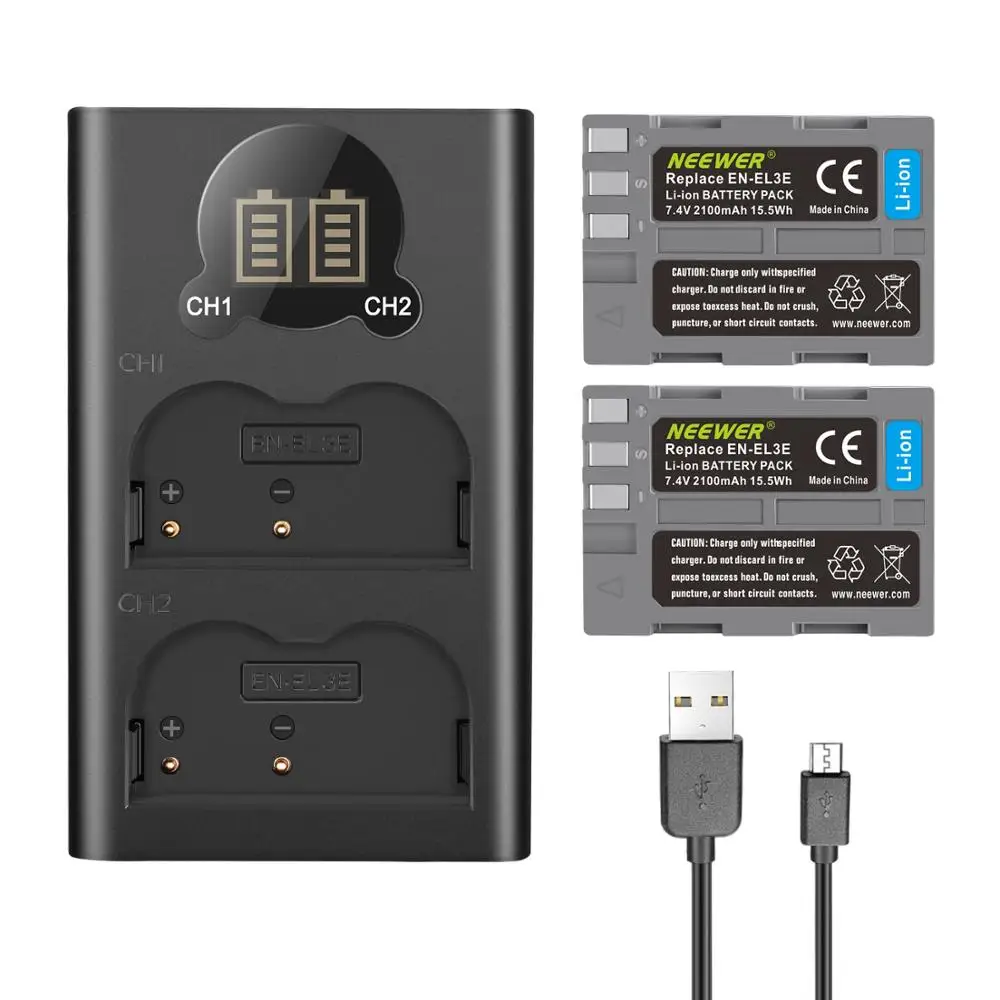 Neewer 2 упаковки 2100 мАч батарея Замена для Nikon EN-EL3e батарея и двойной USB зарядное устройство с ЖК-дисплеем для Nikon D50 D70 D80