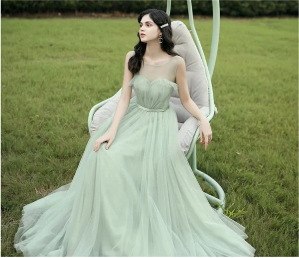 C Vestidos De Festa New Elegant Green Bridesmaid Dresses Tulle Sleeves Ruffles Vestidos Verdes Formal Long Party Gown Real Price - Color: C