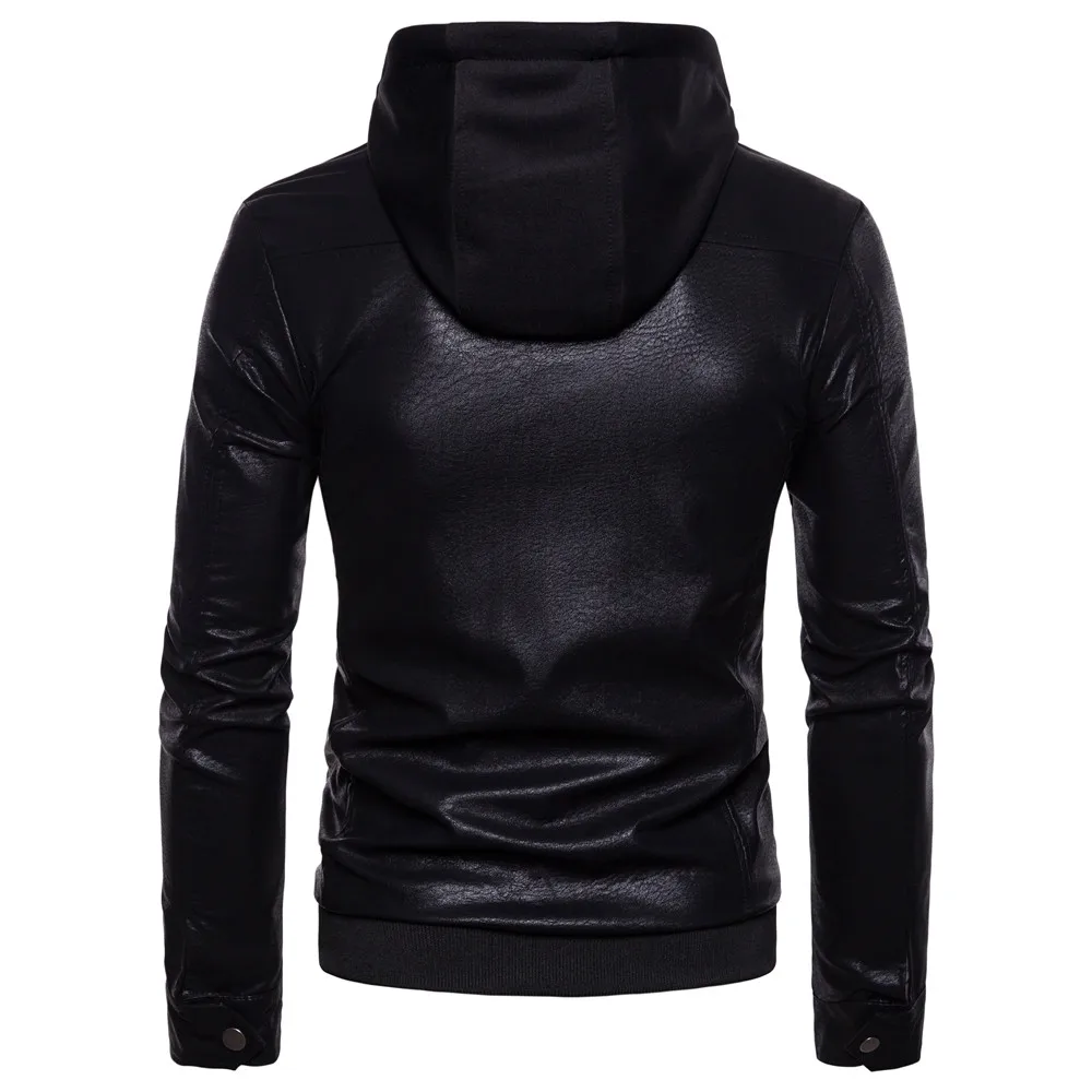 Autumn And Winter New Style Men's Fake Two-Piece Hooded Slim Fit Biker Leather Jacket Coat Black And White with Pattern Lea