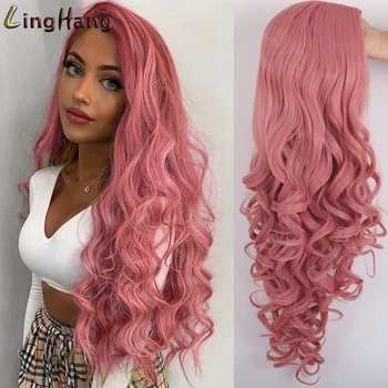 

LingHang Long Wavy Red Wigs Purple and Black Wave Synthetic Wig for Women Natural Middle Part Heat Resistant Hair
