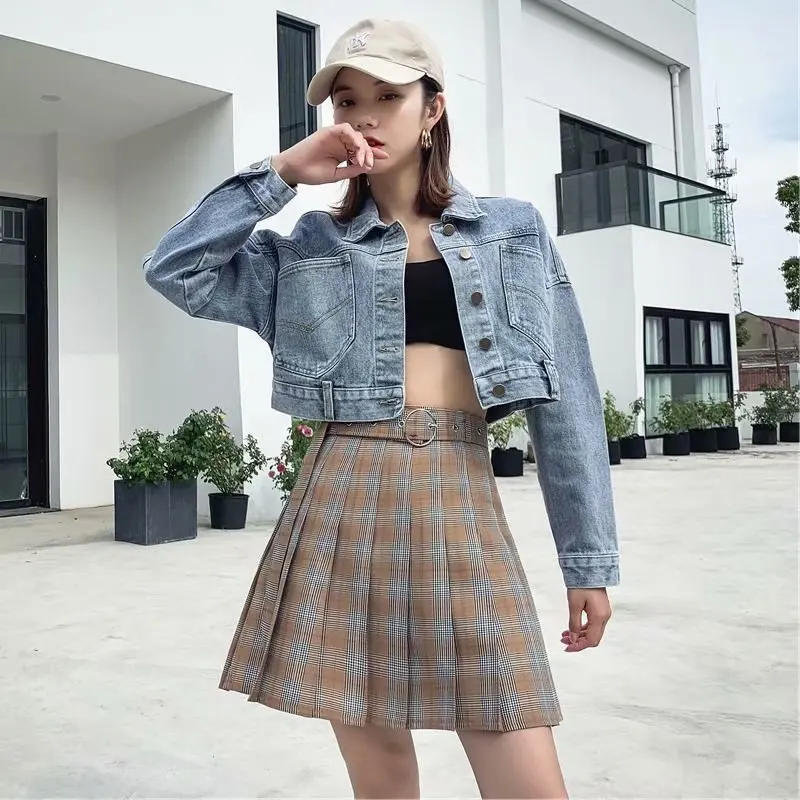 

Pleated Women's Spring And Autumn New Short High-waisted Slimming Anti-Exposure A- line Retro Skirt College Style Belt Fashion