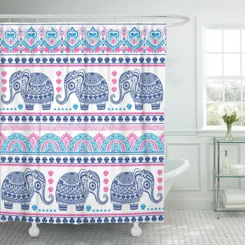 

India Vintage Graphic Indian Lotus Ethnic Elephant African Tribal Coloring Book Prints Bohemian Shower Curtain Waterproof