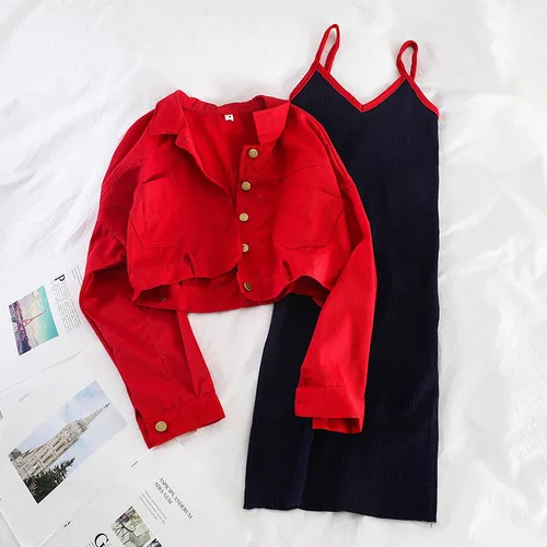 Woherb/комплект из двух предметов, женский корейский стиль, укороченный красный жакет+ вязаное платье без рукавов, Женский комплект из 2 предметов, платья, наряды, осень - Цвет: Красный