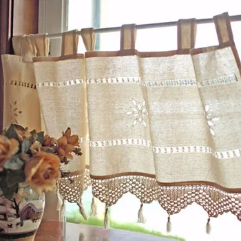 

Handmade Hollow Flower Cafe Curtain Linen and Cotton Crochet Lace Window Patchwork Valance 59x17
