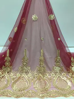 

Latest african lace fabric 2019 high quality lace wine red gold sequins French African Net Tulle Lace Fabric For Wedding dress