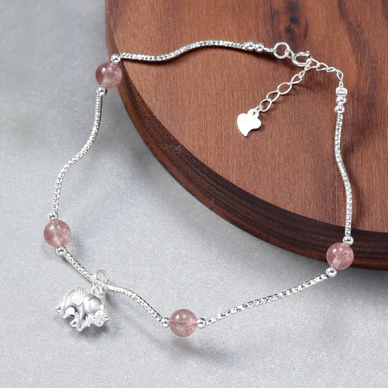 

Seven Seconds S925 Fine Silver Strawberry Crystal Elephant Anklet Origional Handmade Ankle Ring Sweet Cute Summer Versatile 4044