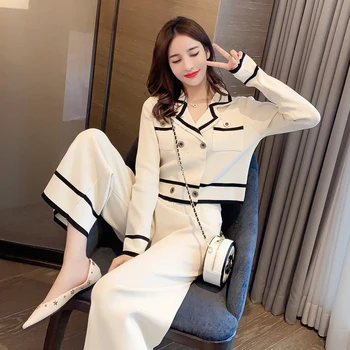 

White Black Casual 2020 New Clothing Long-sleeve Knitwear Tops+ Pants Pocket Loose Ankle Length Pants Two-Piece Women Set 755H