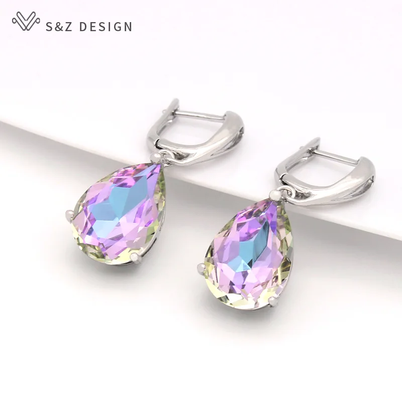 S&Z DESIGN New Fashion Water Drop Big Crystal Dangle Earrings For Women Wedding Jewelry Gift 585 Rose Gold Color Eardrop