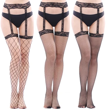 

2020 Stockings Women Sexy Lace Thigh High Belt Over Knee Long Stocking with Garter Lingerie Mesh Fishnets Tights Pantyhose