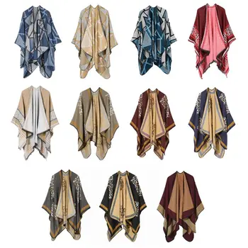 

Women Open Front Winter Pashmina Poncho Cape Color Block Leopard Tassels Shawl 40JF