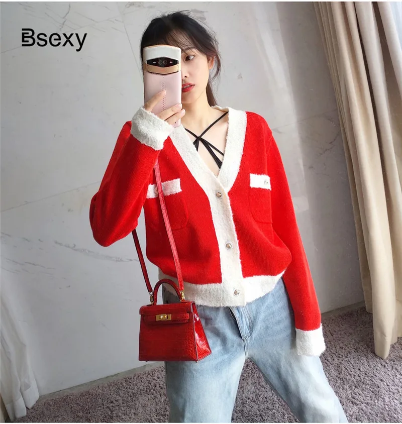 Best Price Brand Designer Women Sweater Coat 2019 Autumn Winter V neck Color Block Red Cropped Sweater Knitted Cardigan