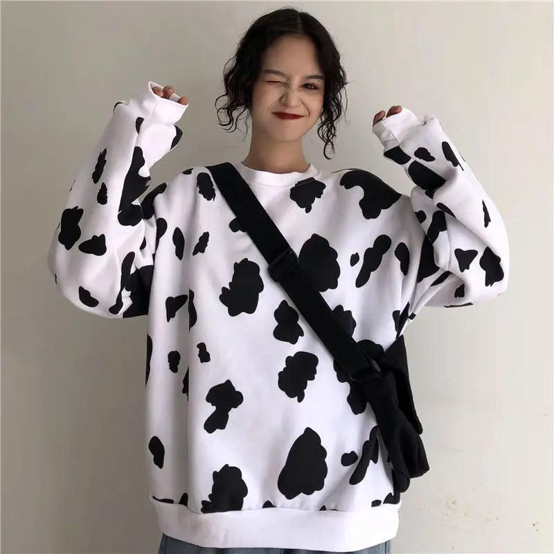 

cow cute Sweashirt Long Sleeve Shirts Harajuku style loose thickening plus velvet pullover Warm Tops sweater for female Autumn