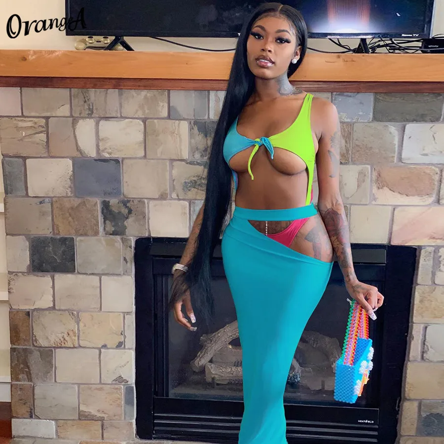 

OrangeA women hollow out sexy patchwork matching set sleeveless bodysuits skinny dress 2 piece sets skinny party clubwear outfit