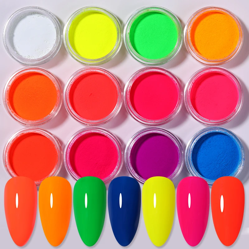 12 Boxes Neon Pigment Powder Set Fluorescent Nail Glitter Shinny Ombre Chrome Dust DIY Gel Polish For Nails Art Decor 6 Boxes nail powder,nail glitter,nail pigment,nail decoration,nail decorations,nail flakes,nail powder set