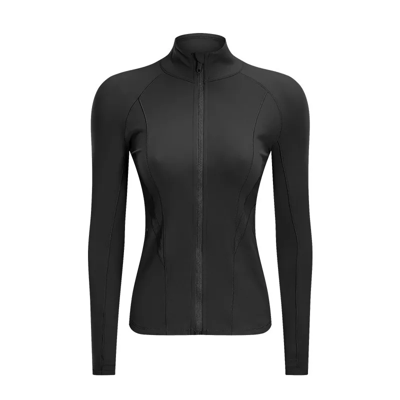 Colorvalue Naked-feel Fabric Slim Fit Yoga Sport Jacket Women Full Zipper Ribbed Gym Fitness Coat with Two Pocket/Thumb Holes - Цвет: Black