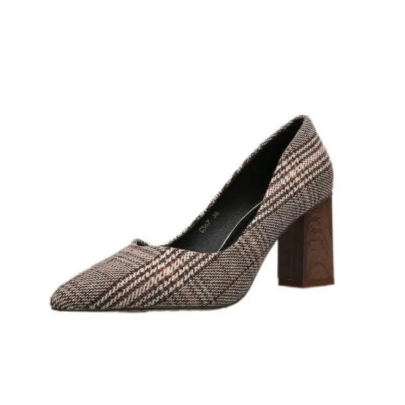 

Luxury Woman thick with pointed fashion Women's High Heels plaid cloth wild small fresh single shoes women Pumps Femme Shoe Lady