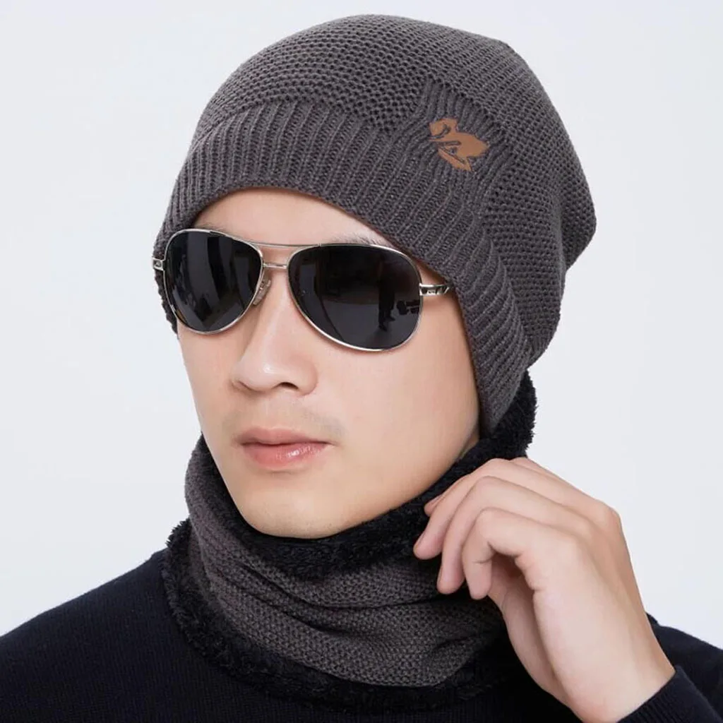 Зимний теплый мужской женский Skullies Beanie+ мягкий шарф, комплект из двух предметов, толстая флисовая подкладка, вязаная однотонная шапка, шарф, набор для улицы z1212