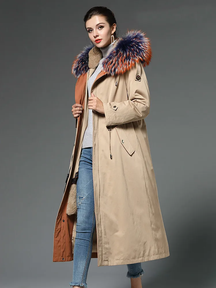 

2020 New Real Fur Coat Women Rex Rabbit Fur Coat Winter Coat Women Raccoon Fur Collar Hooded Warm Parka DHM18JWS-2 YY1604
