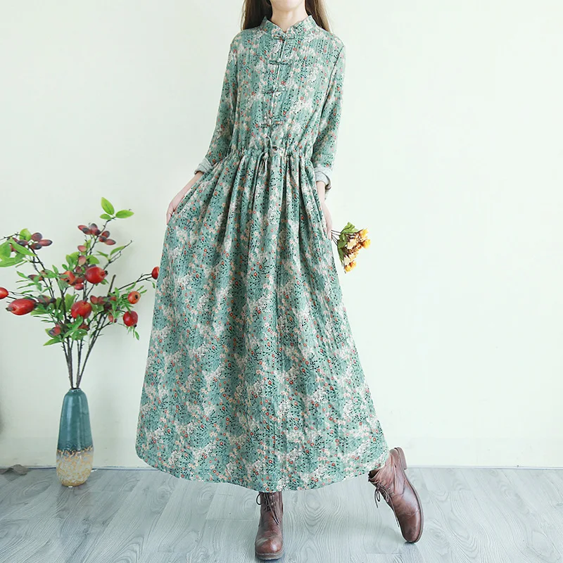 

National Wind Retro Floral-Print Cotton Linen Dress Chinese-style Long over-the-Knee Printed Frog Robe Loose-Fit Mori Girl Line