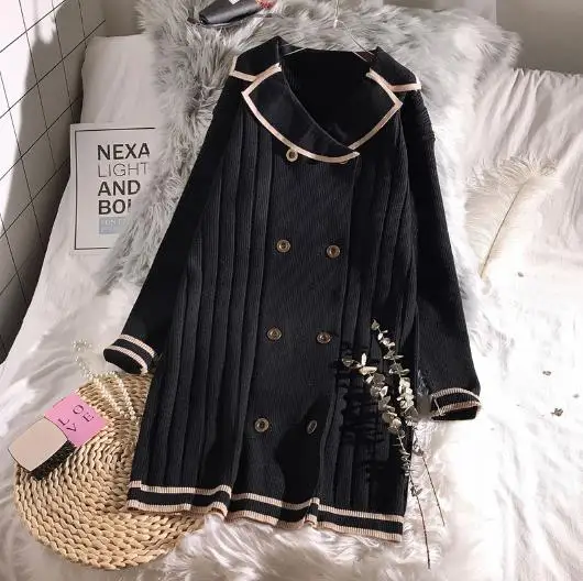 winter new knitted women sweater and cardigan turn-down collar solid double breast solid lady female outwear coat tops - Color: black