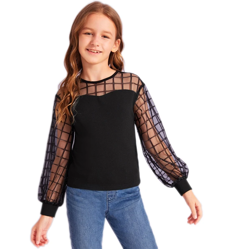 SHEIN Kiddie/черная Повседневная Блузка с контрастной сеткой на плечах детские топы года, Осенние Блузы с длинными рукавами и пуговицами сзади для подростков