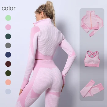 2/3PCS Seamless Women Yoga Set Workout Sportswear Gym Clothing Fitness Long Sleeve Crop Top High Waist Leggings Sports Suits 3