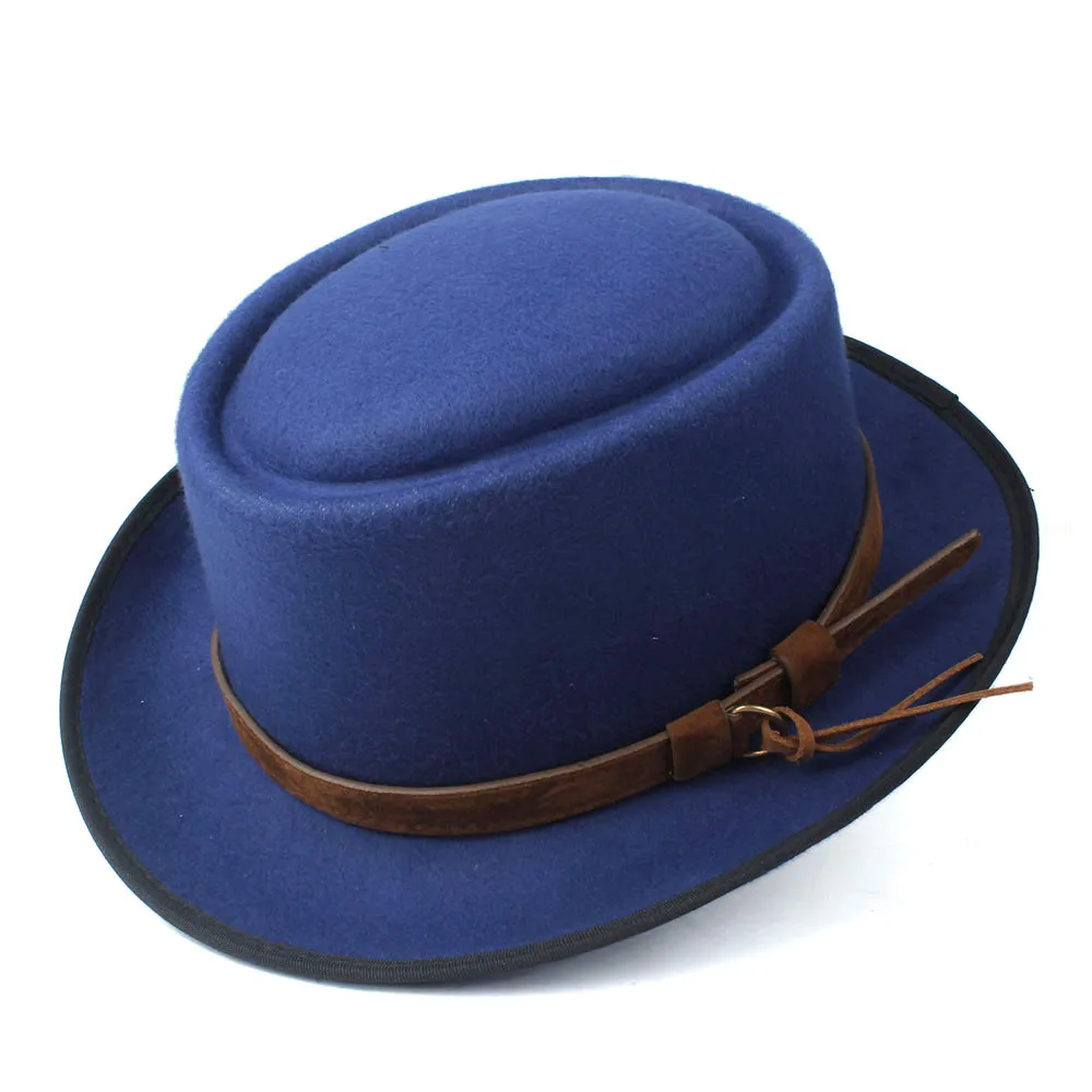 Blue Женская Мужская шляпа-пирожок с поясом Fedora Hat для джентльмена шерстяная плоская Фетровая Шляпа Чародей шляпка для церкви - Цвет: Blue