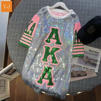 

2020 AKA Paillette Embroidery Oversized T Shirt Women Patchwork Shinning Kawaii Streetwear Graphic Tees Femme Tops