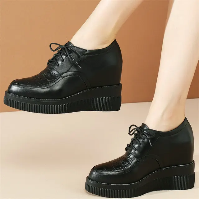 $US $64.88 Casual Shoes Women Genuine Leather Wedges High Heel Ankle Boots Female Lace Up Pointed Toe Fashion Sneakers Low Top Trainers