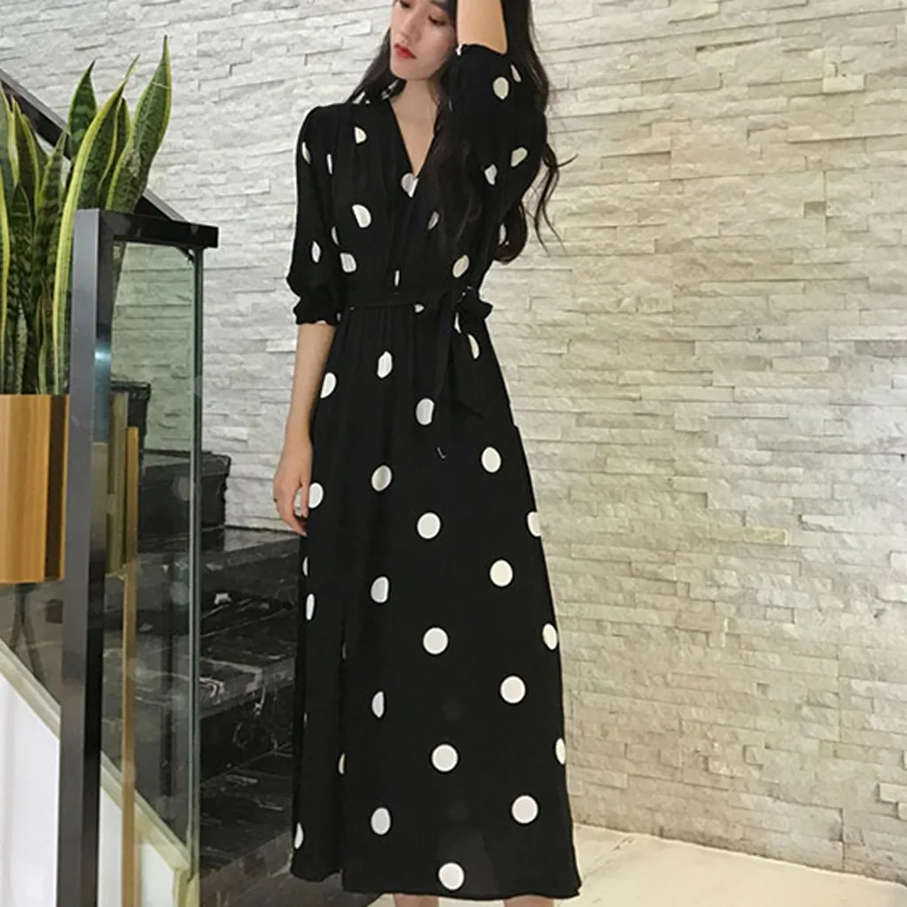 Dress Women Korean Bandage V-Neck Knee Length Short Sleeve Elegant Boho Floral Wave Point Dress Office Clothing Vestidos #D2