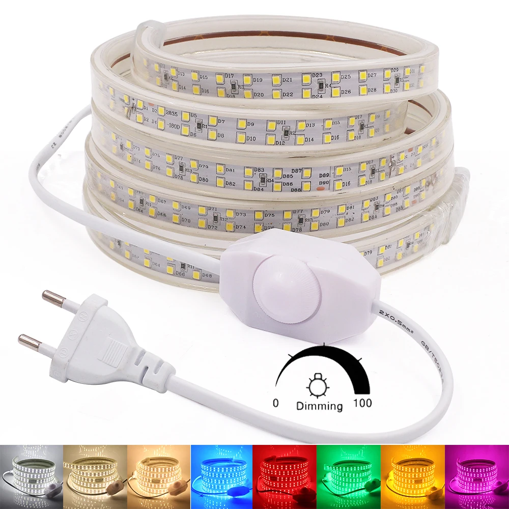 

220V LED Strip Lamp Dimmerable IP67 Waterproof Flexible LED Light Blue Pink Red Green White 180leds/m 2835 LED Strip Light