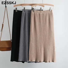 Винтажная зимняя женская Плотная юбка-свитер Эластичная Высокая талия миди трикотажная юбка прямая женская однотонная элегантная юбка